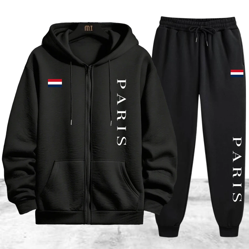 Mens Fashion Zip Up - Paris Printing Herren-Trainingsanzug, lässiger Kapuzenpullover mit