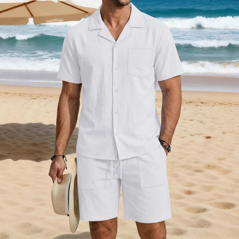 Linen Shirt Summer - Herren Sommer Baumwoll-Leinen Urlaubsset Kubanisches Hemd