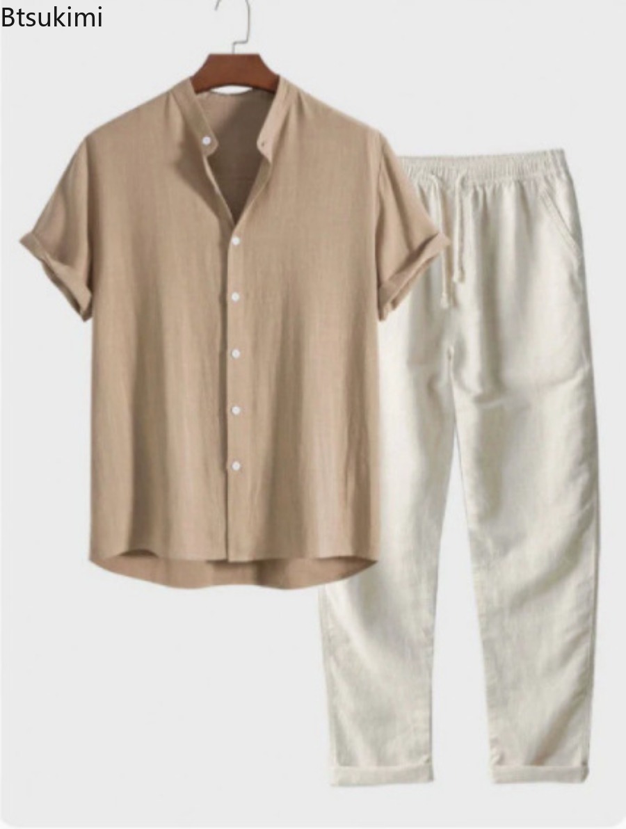 Linen Shirt Summer - 2026 Herren Mode Einfarbiges Strand-Zweiteiler-Set Sommer