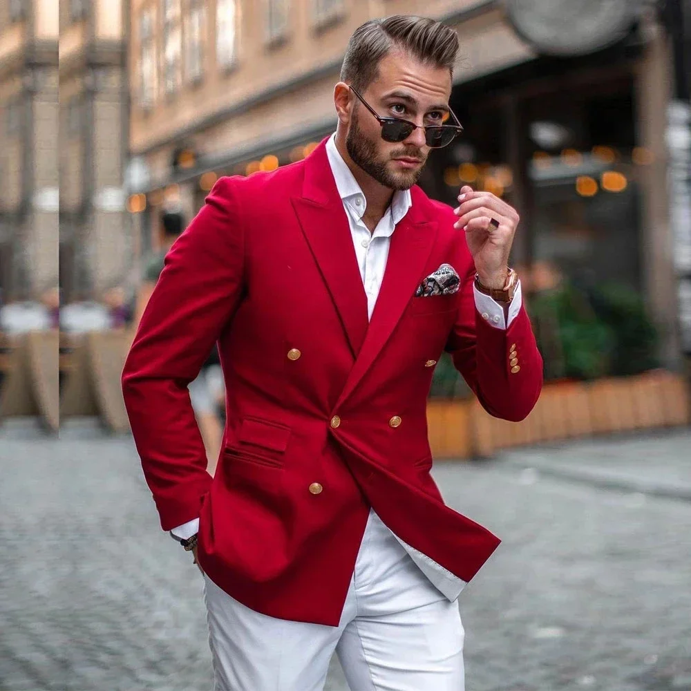 Mens Fashion Blazer - Rote Jacke Weiße Hose Doppelreihiger Modischer