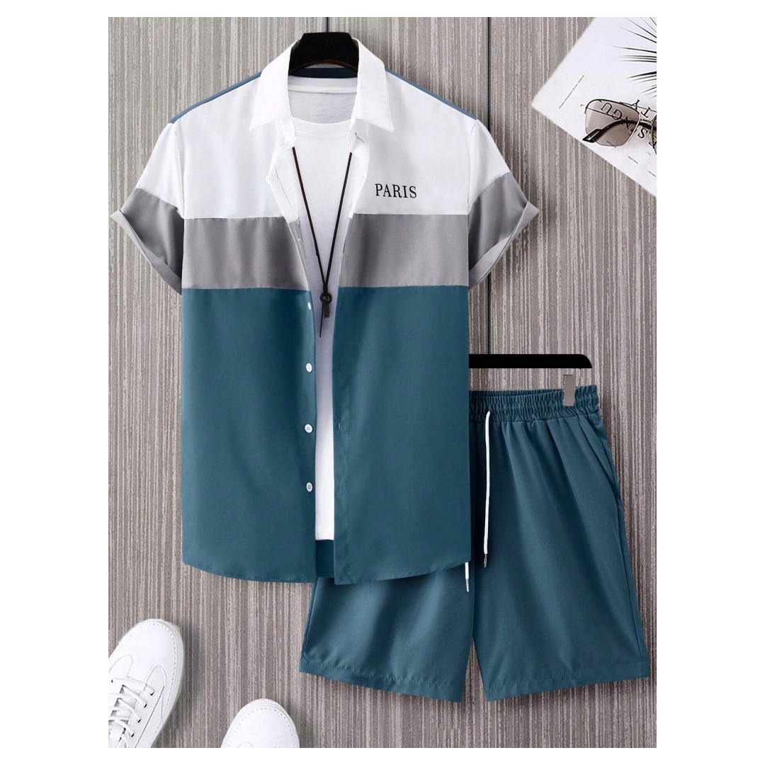 Men'S Fashion Usa - Herrenmode-Anzug, blau-weiß patchworkfarben, einreihig, kurzärmeliges Revershemd