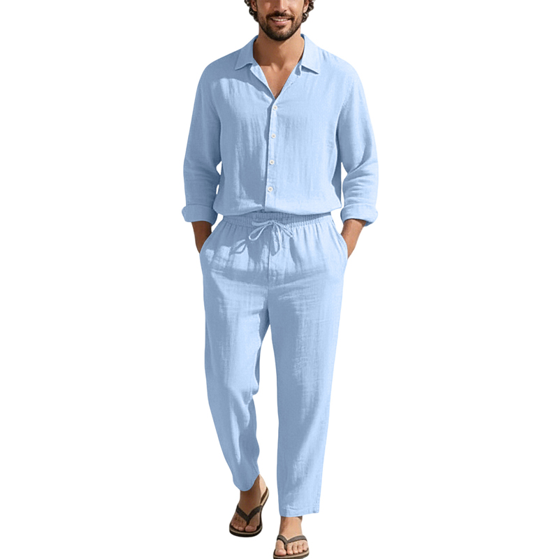 Linen Shirt Summer - Frühling Sommer Leinen Freizeitsets Lose Strand-Langarmhemden+Lange
